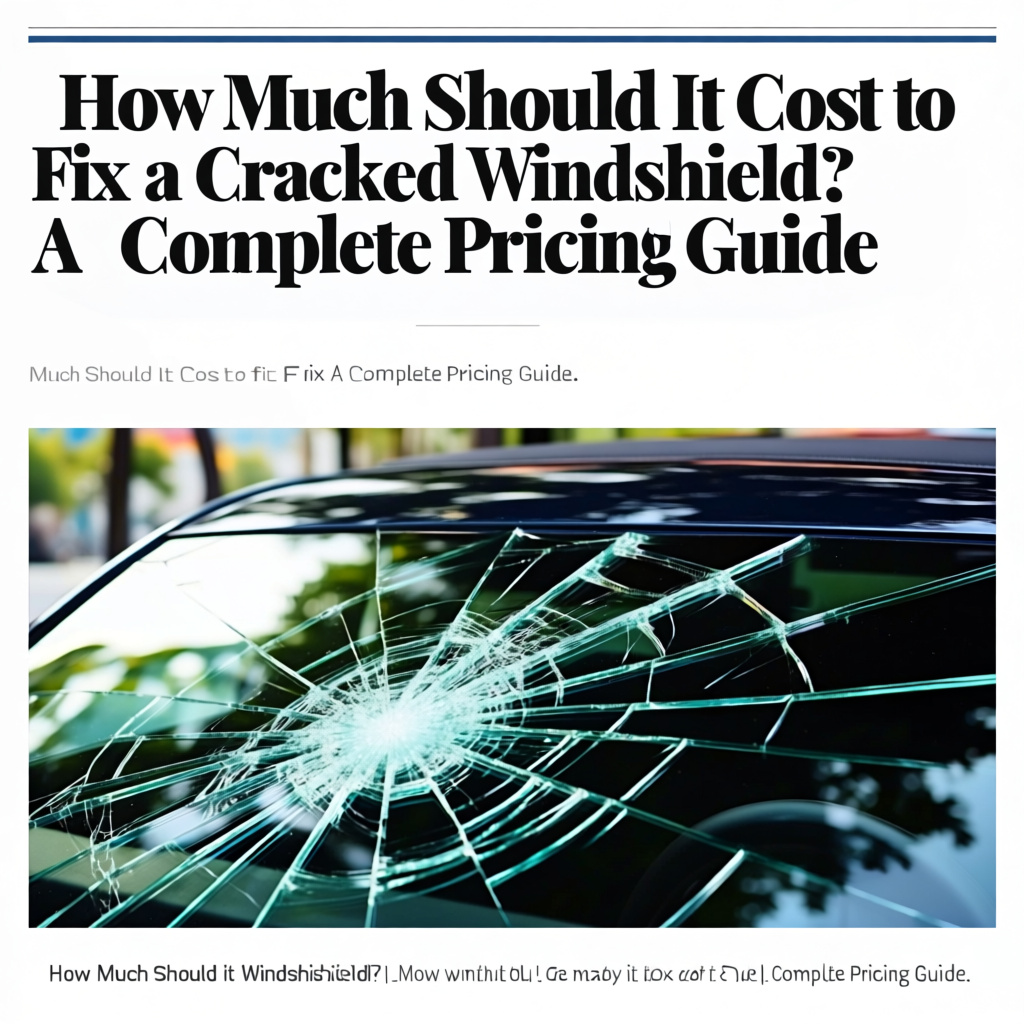 A close-up shot of a severely cracked car windshield, with the title “How Much Should It Cost to Fix a Cracked Windshield?” above.