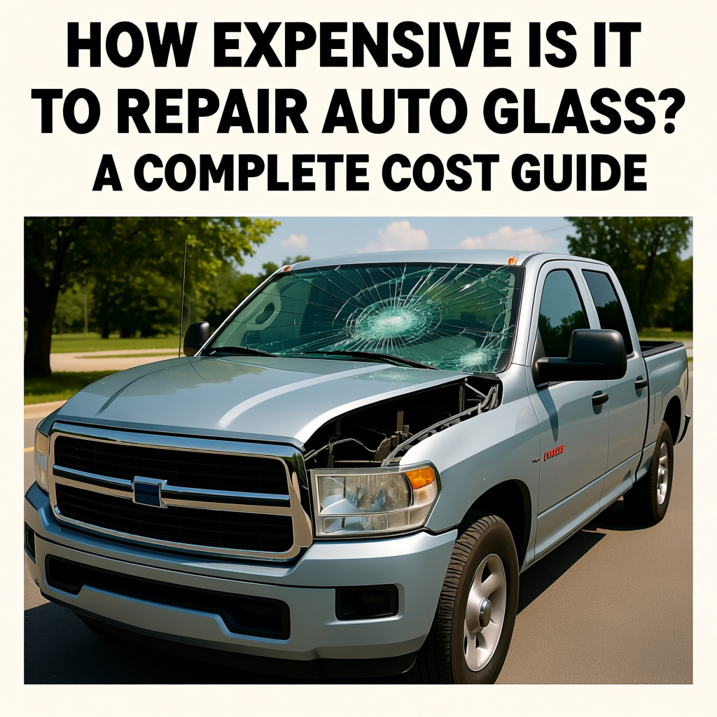 A silver pickup truck with a heavily cracked windshield, signifying auto glass repair costs.